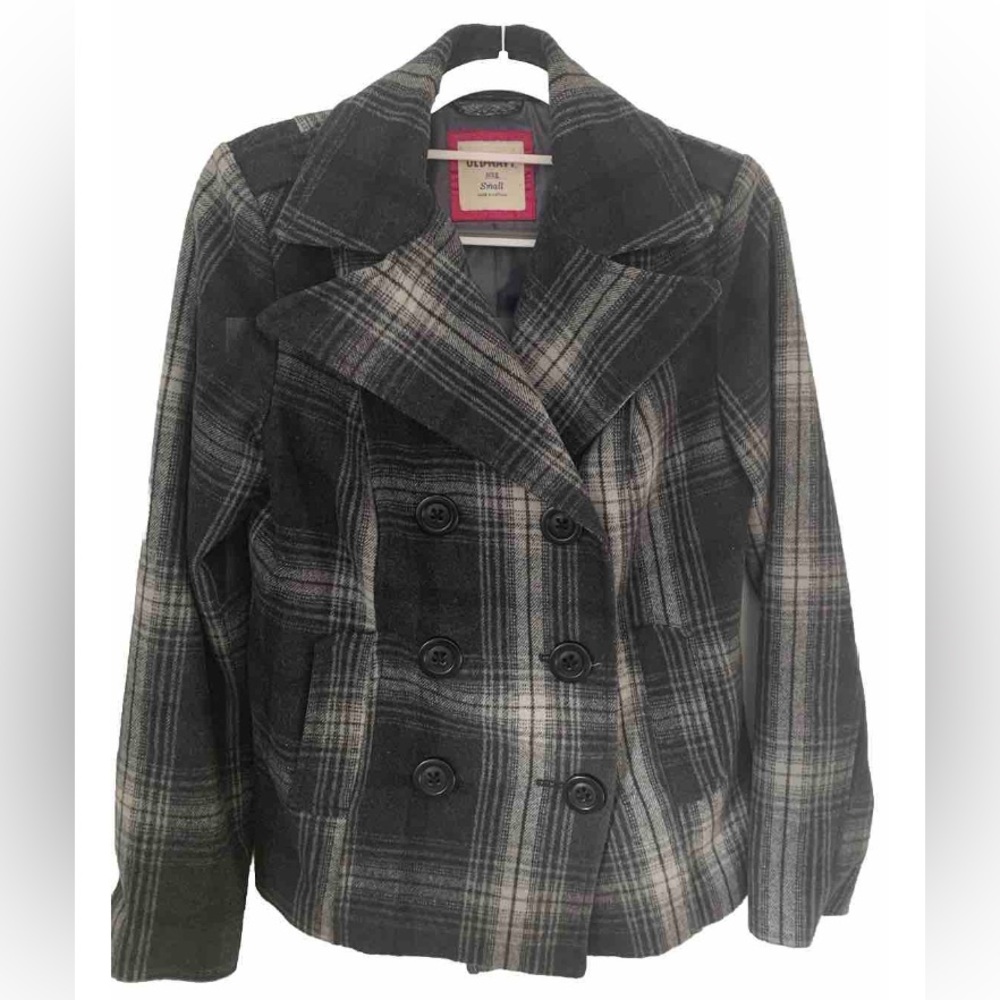 Old Navy Womens Black Grey Wool Plaid Pattern Pea Coat Jacket Size Small 54023